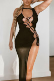 Yellow Sexy Solid Bandage Hollowed Out Slit O Neck Sleeveless Dress