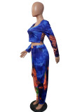 Blue Fashion Casual Tie Dye Printing U Neck Long Sleeve Two Pieces