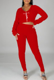 Red Casual Print Patchwork V Neck Long Sleeve Two Pieces