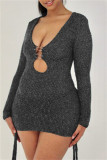 Silver Fashion Sexy Solid Bandage Hollowed Out V Neck Long Sleeve Dresses