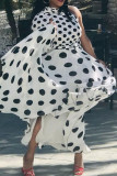 White Sexy Print Polka Dot Patchwork Asymmetrical Oblique Collar Printed Dress Dresses