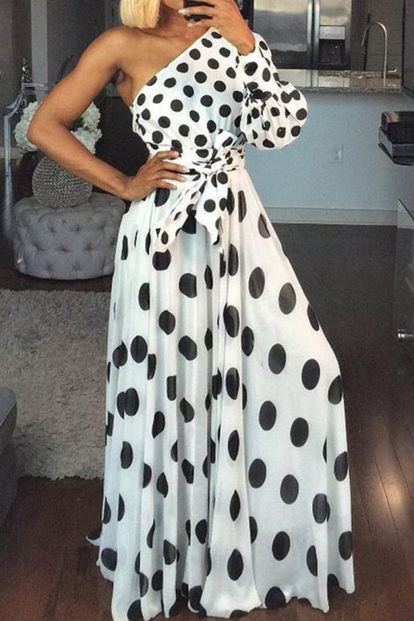 White Sexy Print Polka Dot Patchwork Asymmetrical Oblique Collar Printed Dress Dresses