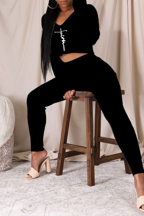 Black Casual Print Patchwork V Neck Long Sleeve Two Pieces
