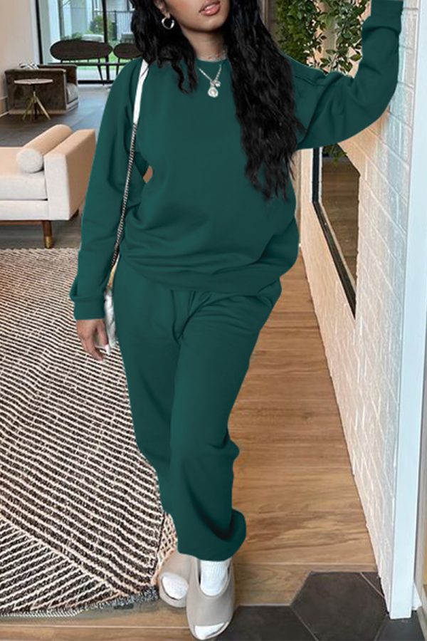 Ink Green Casual Solid Patchwork O Neck Long Sleeve Two Pieces