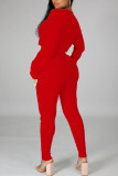 Red Casual Print Patchwork V Neck Long Sleeve Two Pieces