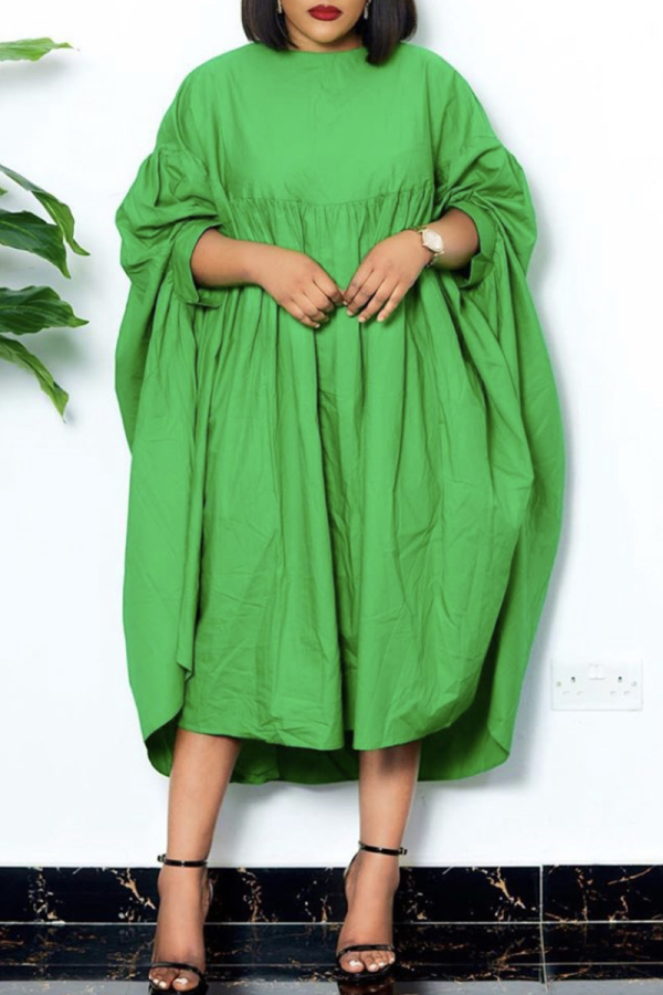 Green Casual Solid Flounce O Neck Cake Skirt Dresses