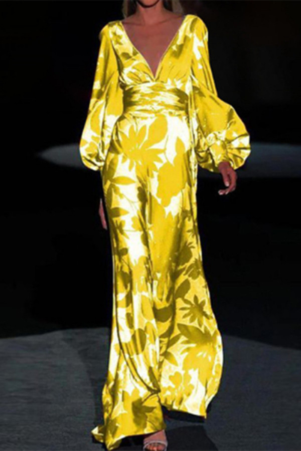 Yellow Fashion Casual Print Basic V Neck Long Sleeve Dresses