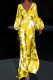 Yellow Fashion Casual Print Basic V Neck Long Sleeve Dresses