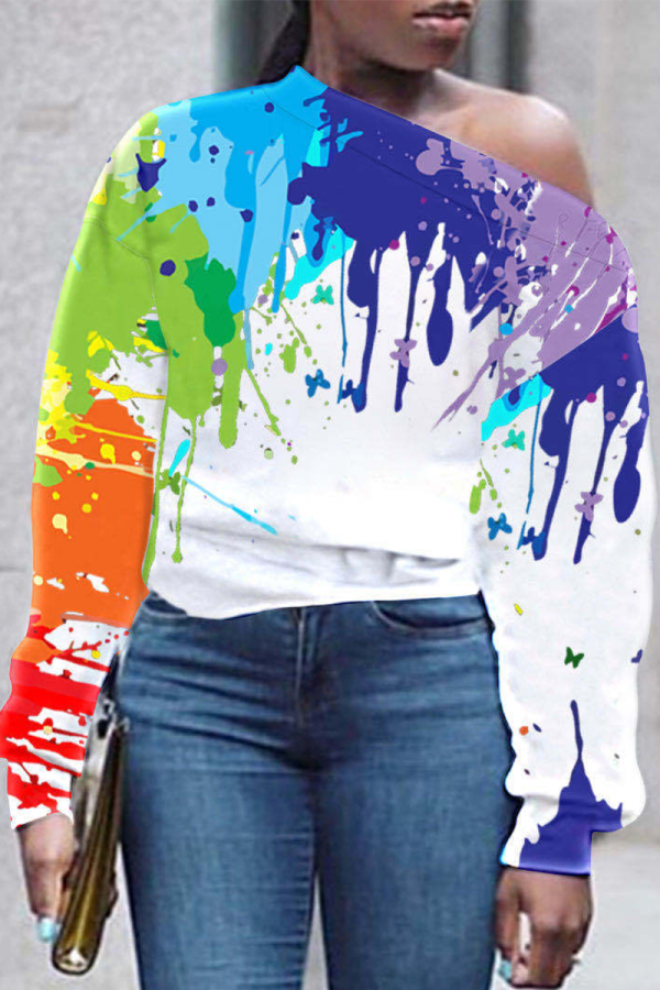 White Casual Print Patchwork One Shoulder Tops