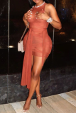 Tangerine Red Sexy Solid Mesh O Neck Irregular Dress Dresses