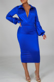 Peacock Blue Fashion Casual Solid Basic Turndown Collar Long Sleeve Two Pieces
