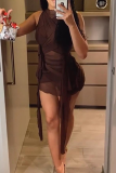 Tangerine Red Sexy Solid Mesh O Neck Irregular Dress Dresses