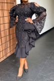 Black Sexy Patchwork Lace Flounce O Neck Irregular Dress Dresses