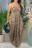 Leopard Print Sexy Print Patchwork Spaghetti Strap Lantern Dress Dresses