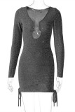 Silver Fashion Sexy Solid Bandage Hollowed Out V Neck Long Sleeve Dresses