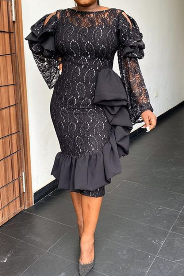 Black Sexy Patchwork Lace Flounce O Neck Irregular Dress Dresses