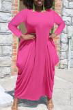 Light Pink Casual Solid Patchwork Asymmetrical O Neck Irregular Dress Plus Size Dresses