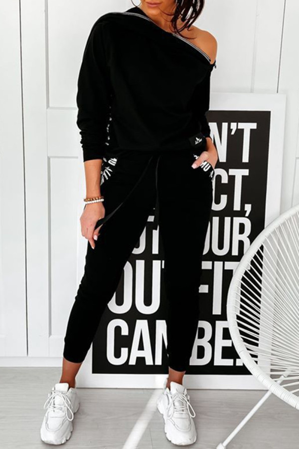 Black Fashion Casual Patchwork Zipper Hooded Collar Long Sleeve Two Pieces