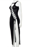 Yellow Sexy Solid Bandage Hollowed Out Slit O Neck Sleeveless Dress