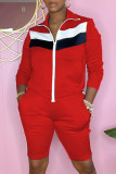 Red Fashion Casual Patchwork Basic Zipper Collar Long Sleeve Two Pieces