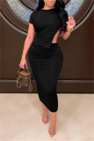 Black Sexy Casual Solid Hollowed Out O Neck Short Sleeve Dress Dresses