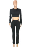 Black Fashion Casual Solid Hollowed Out O Neck Long Sleeve Two Pieces