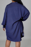 Dark Blue Fashion Casual Geometric Split Joint O Neck A Line Dresses