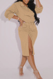 Khaki Casual Solid Split Joint Draw String Pocket Slit Fold Zipper Collar Long Sleeve Two Pieces