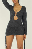Silver Fashion Sexy Solid Bandage Hollowed Out V Neck Long Sleeve Dresses