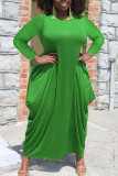 Army Green Casual Solid Patchwork Asymmetrical O Neck Irregular Dress Plus Size Dresses