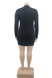Black Sexy Solid Split Joint Zipper Collar Pencil Skirt Plus Size Dresses