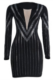 Black Sexy Patchwork Hot Drill V Neck Long Sleeve Dresses