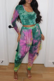 Green Fashion Casual Tie Dye Printing U Neck Long Sleeve Two Pieces