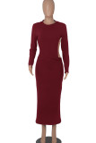 Burgundy Sexy Solid Patchwork Backless O Neck One Step Skirt Dresses