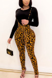 Orange Daily Leopard O Neck Long Sleeve Two Pieces