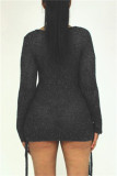 Silver Fashion Sexy Solid Bandage Hollowed Out V Neck Long Sleeve Dresses