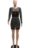 Black Sexy Solid Patchwork See-through Backless Beading Hot Drill O Neck One Step Skirt Dresses