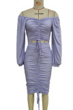 Light Purple Fashion Sexy Solid Draw String Off the Shoulder Long Sleeve Two Pieces