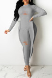 Grey Fashion Casual Solid Ripped Patchwork Half A Turtleneck Regular Jumpsuits