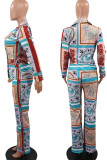 Powder Blue Casual Print Patchwork Buttons Turn-back Collar Long Sleeve Two Pieces