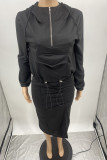 Black Casual Solid Split Joint Draw String Pocket Slit Fold Zipper Collar Long Sleeve Two Pieces