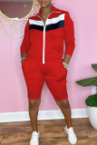 Red Fashion Casual Patchwork Basic Zipper Collar Long Sleeve Two Pieces