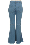 Dark Blue Fashion Street Solid High Waist Denim Jeans