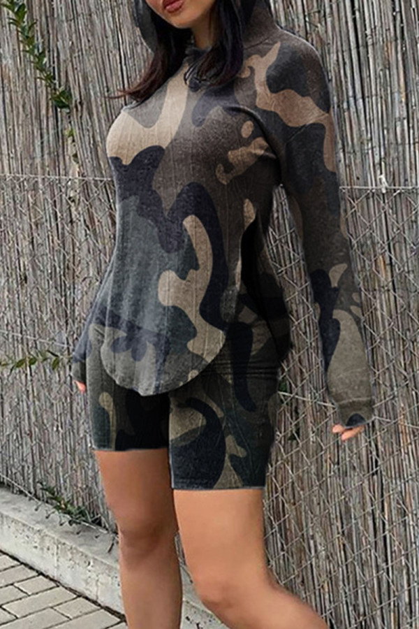 Camouflage Casual Print Patchwork Asymmetrical Hooded Collar Long Sleeve Two Pieces
