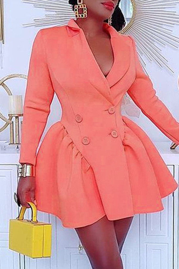 Pink Fashion Solid Patchwork Turndown Collar Long Sleeve Dresses