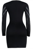 Black Sexy Patchwork Hot Drill V Neck Long Sleeve Dresses