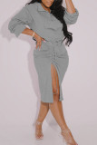 Cyan Casual Solid Split Joint Draw String Pocket Slit Fold Zipper Collar Long Sleeve Two Pieces