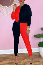 Black Red Fashion Casual Patchwork Basic O Neck Long Sleeve Two Pieces