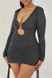 Silver Fashion Sexy Solid Bandage Hollowed Out V Neck Long Sleeve Dresses