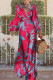 Red Fashion Casual Print Basic V Neck Long Sleeve Dresses